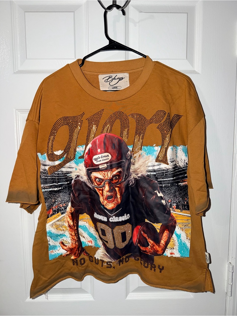 BKYS Mens Large No Guts No Glory Football Graphic Rhinestone French Terry